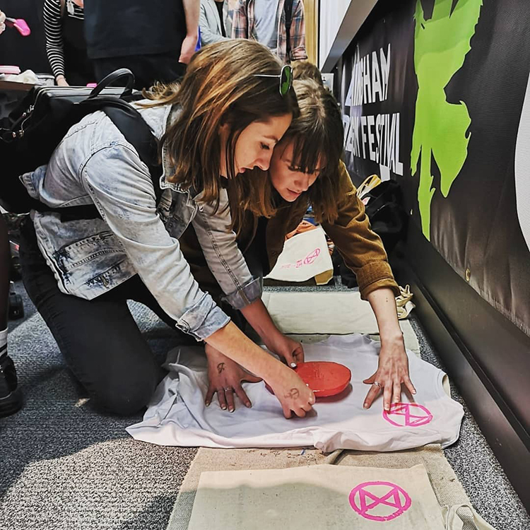 Jodie and Josie at Birmingham Design Festival 2019, Extinction Rebellion workshop