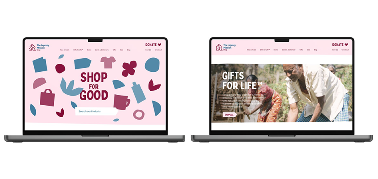 Website mock-ups showing the new Leprosy Mission Shop branding