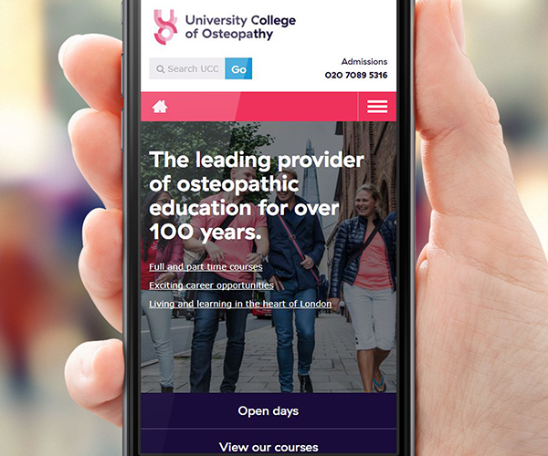 University College of Osteopathy website on mobile device – IE Digital 