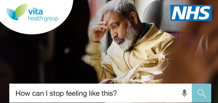 A man on a train, with the Vita Health and NHS logos, and below a search box with the question "how can I stop feeling like this?"