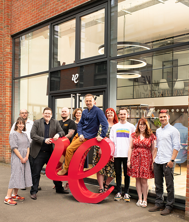 Some of the core IE Brand & Digital team outside the agency's studio at the Kettleworks in Birmingham's Jewellery Quarter