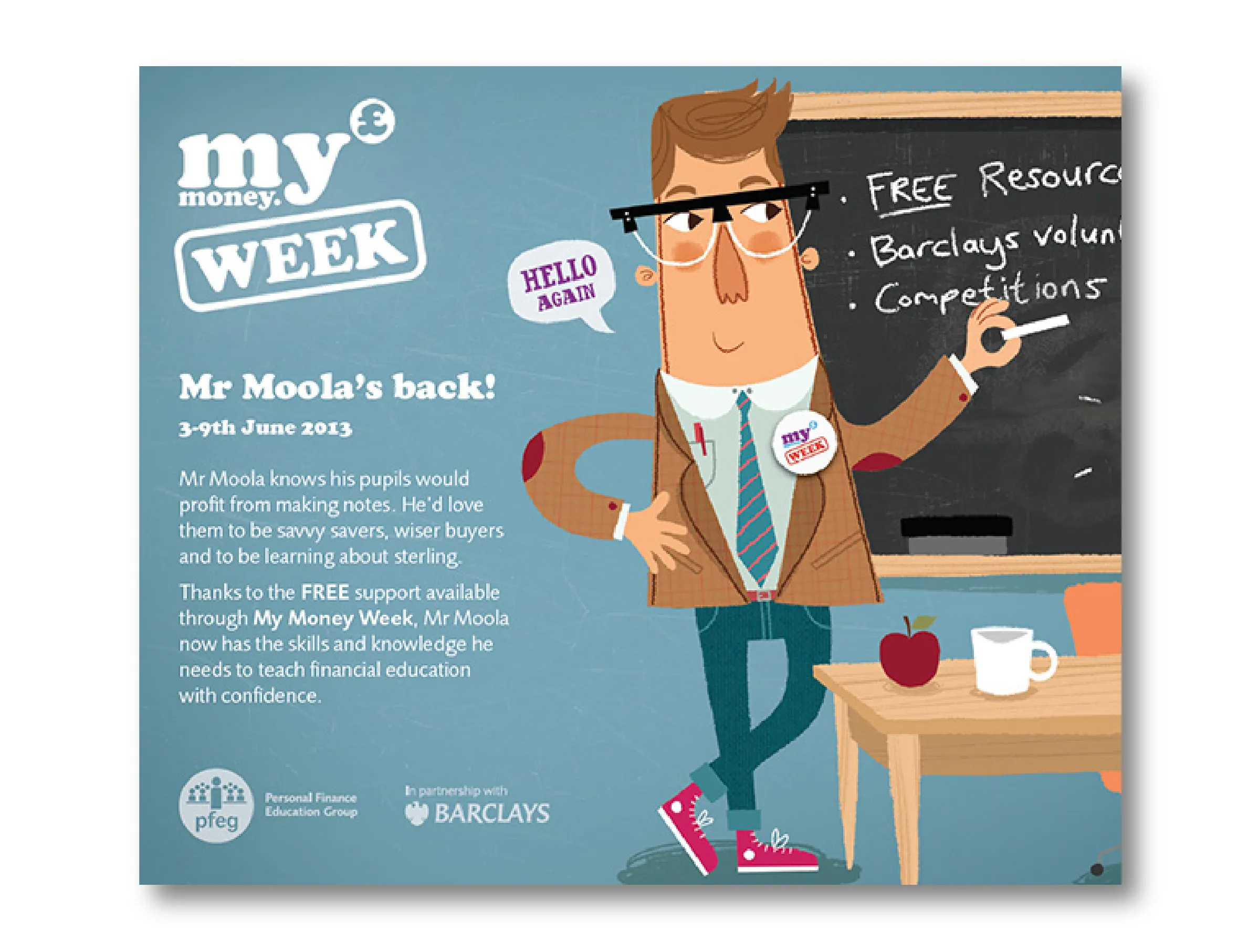 My Money Week poster featuring "Mr Moola" illustrated character and Barclays partner logo