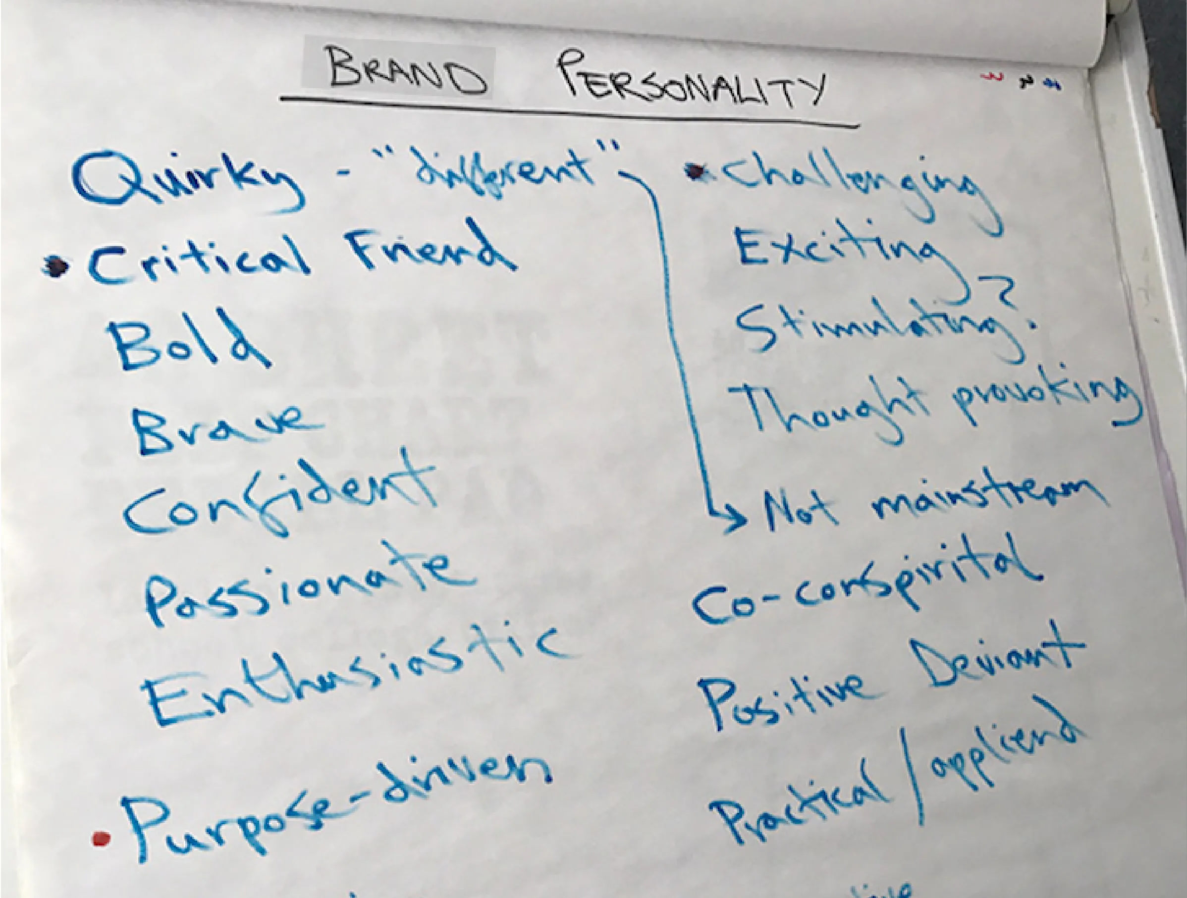 A flip chart with writing on it from a consultancy workshop to agree brand personality and messaging