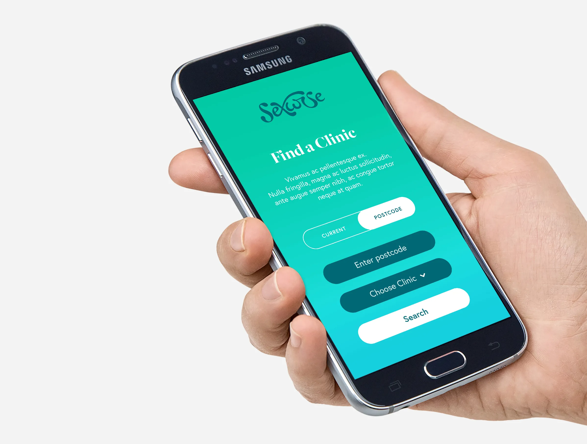 Sexwise website showing 'Find a clinic' tool based on postcode location. On e mobile phone screen in a man's hand. 