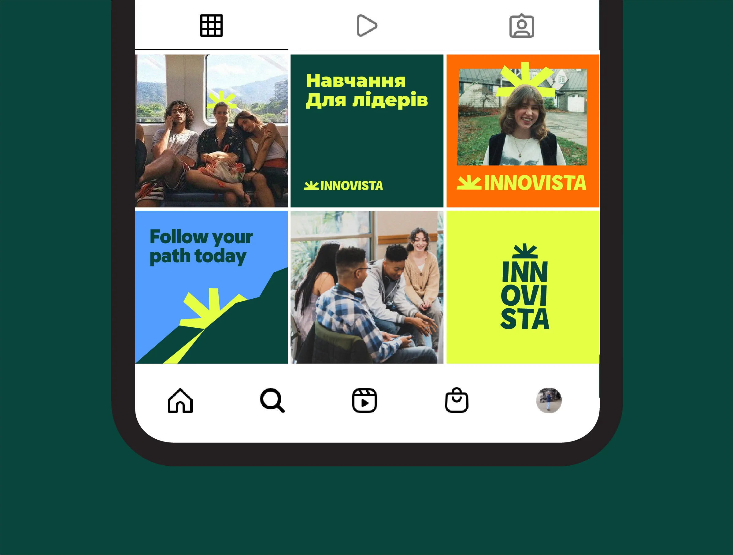 A phone screen showing a grid of instagram posts, using Innovista brand and messaging