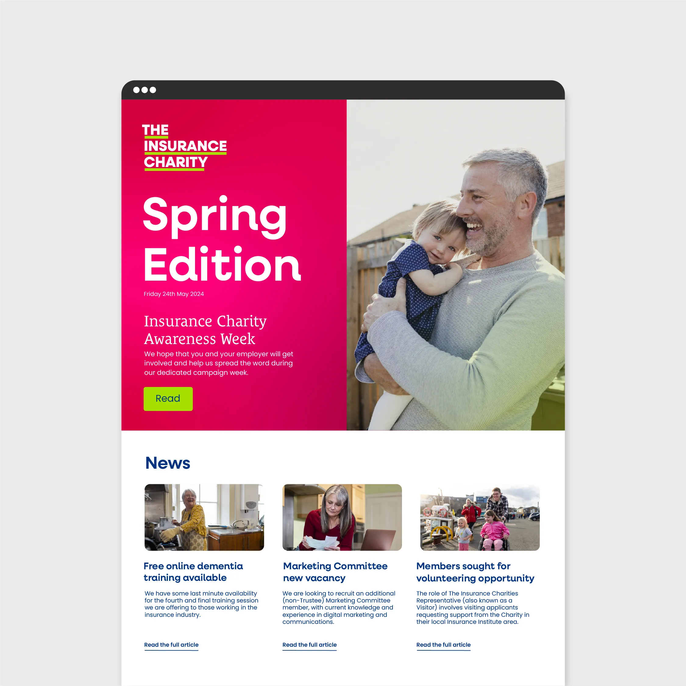 Newsletter showing the spring edition on the left with a father hugging his child on the right