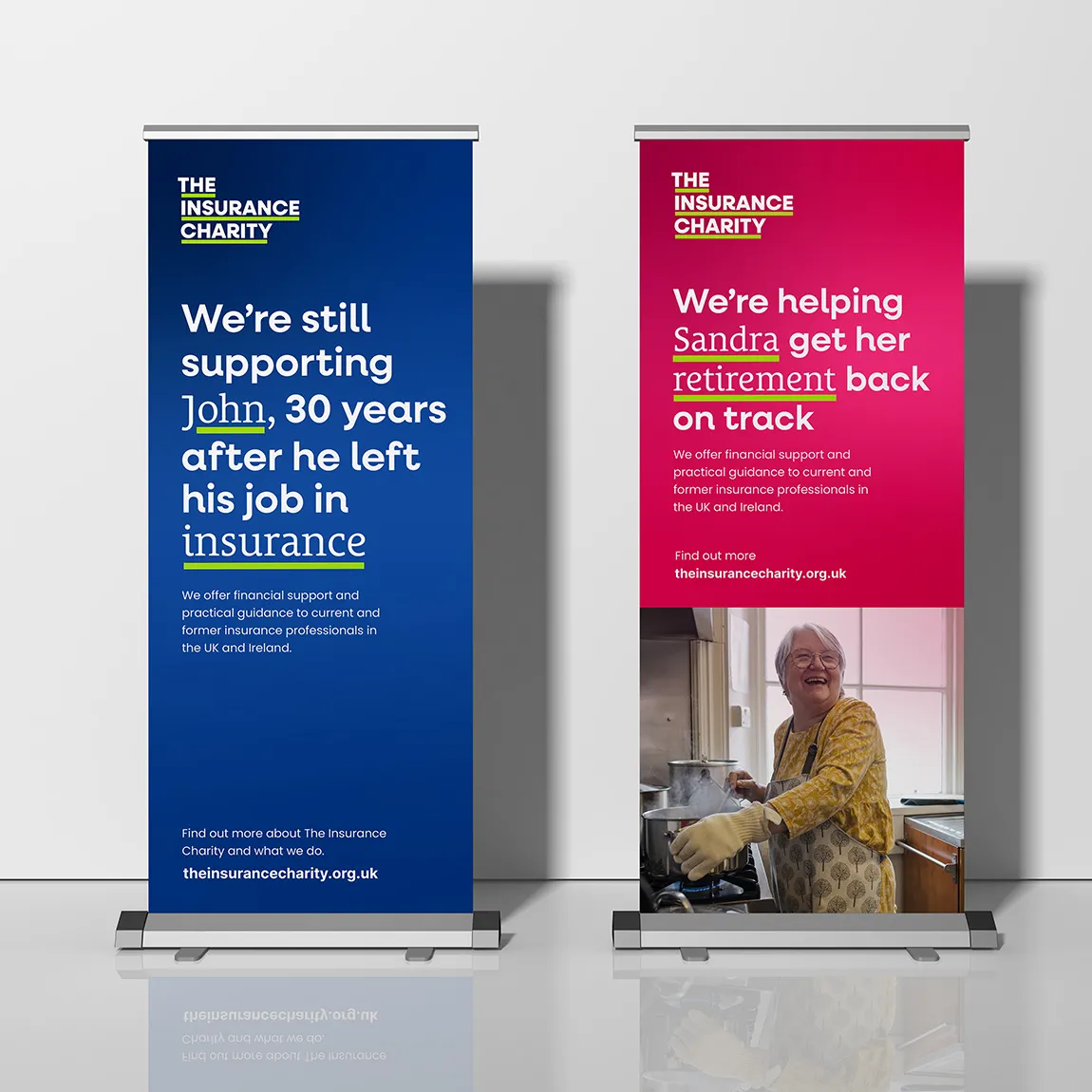 Two pull up banners. One on the left is just text on a dark blue background and the one on the right has text on the top with a bright pink background and an image of an old woman at the bottom